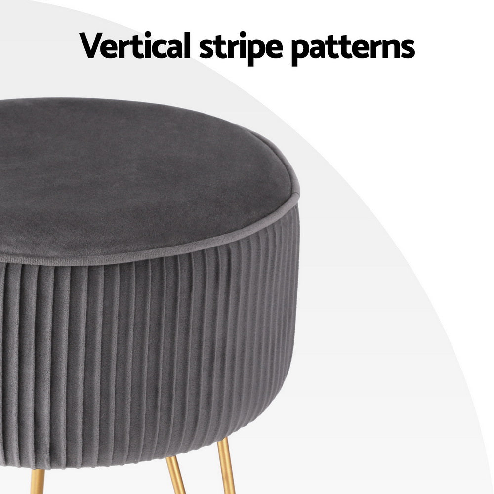 Marlook Ottoman Foot Stool Velvet Stripe Round Grey