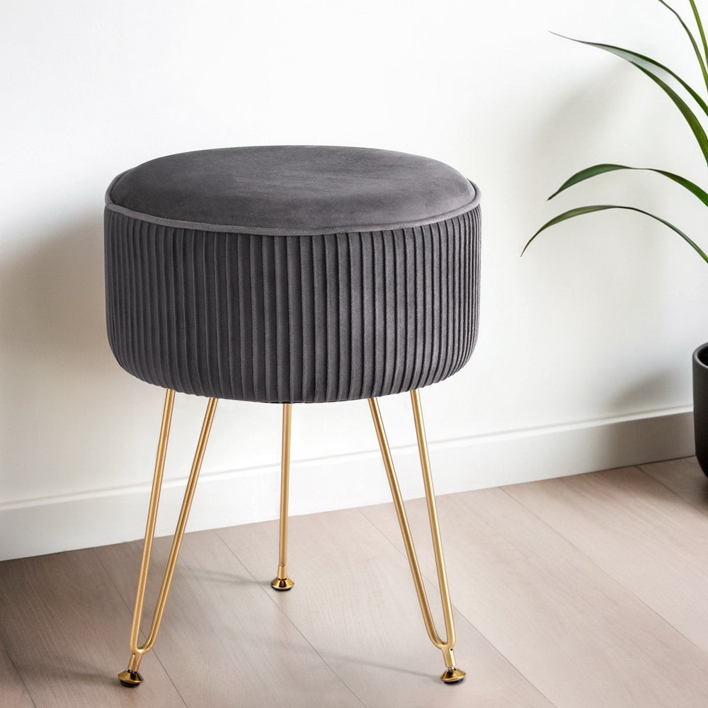 Marlook Ottoman Foot Stool Velvet Stripe Round Grey