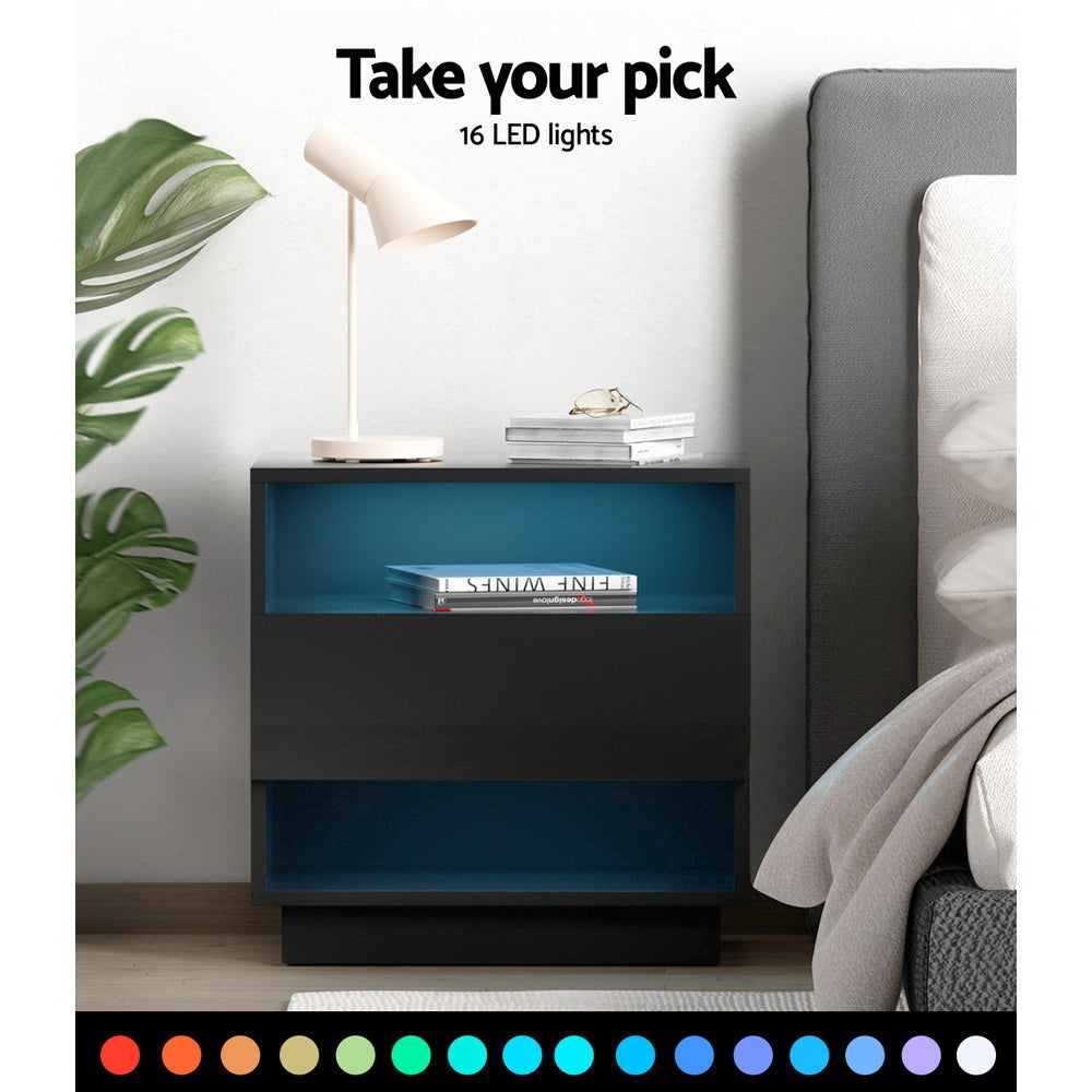 Marlook Bedside Table LED with 2 Shelves - HANA Black