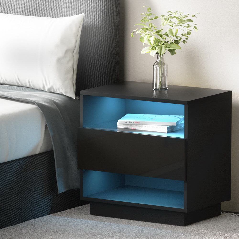 Marlook Bedside Table LED with 2 Shelves - HANA Black