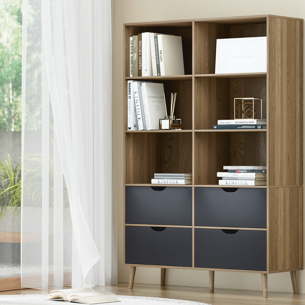 Marlook Bookshelf with 4 Drawers - MITZI Oak and Blue