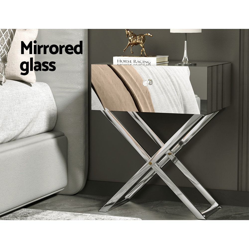 Marlook Mirrored Bedside Table Drawers Side Table Storage Nightstand Silver MOCO