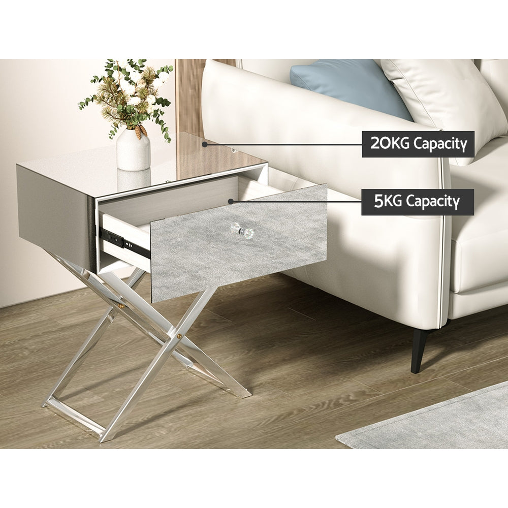 Marlook Mirrored Bedside Table Drawers Side Table Storage Nightstand Silver MOCO