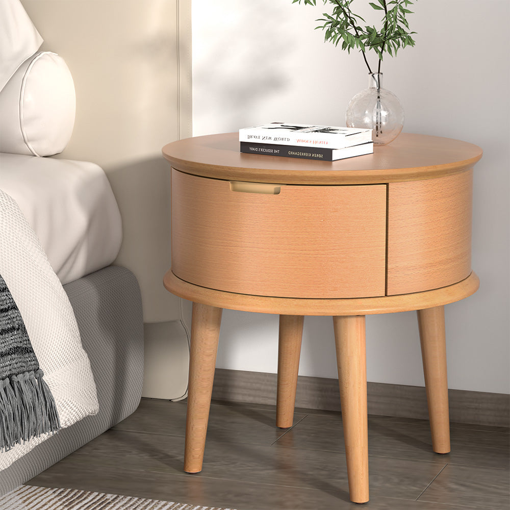 Marlook Bedside Table Drawers Curved Side End Table Storage Nightstand Oak ENZO