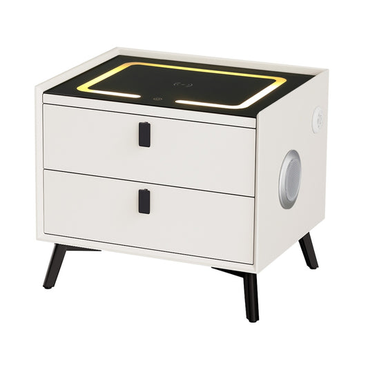 Marlook Smart Bedside Table 2 Drawers with Wireless Charging Ports LED White AIKA