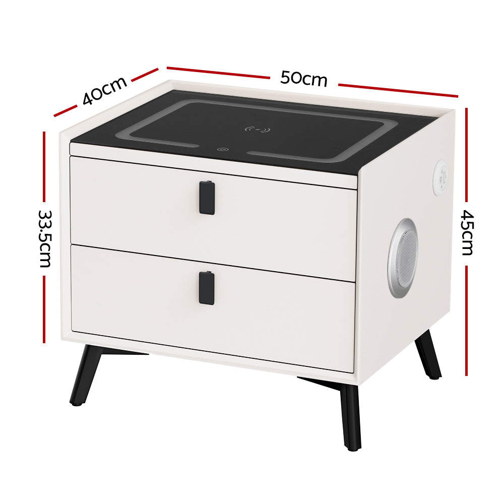 Marlook Smart Bedside Table 2 Drawers with Wireless Charging Ports LED White AIKA