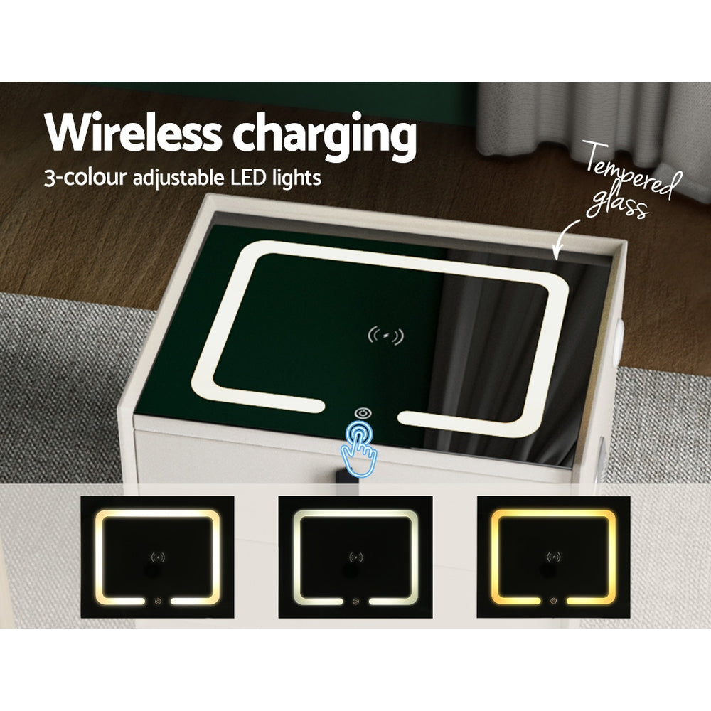 Marlook Smart Bedside Table 2 Drawers with Wireless Charging Ports LED White AIKA