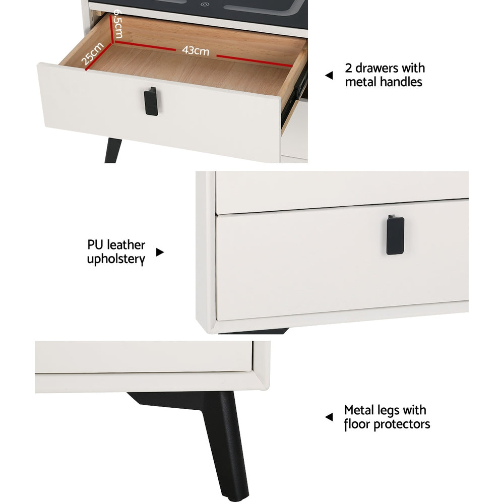 Marlook Smart Bedside Table 2 Drawers with Wireless Charging Ports LED White AIKA