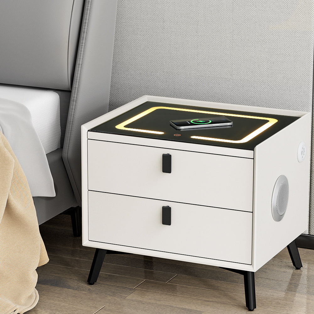Marlook Smart Bedside Table 2 Drawers with Wireless Charging Ports LED White AIKA