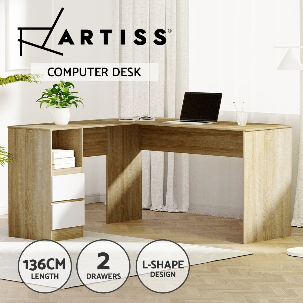 Marlook Computer Desk Drawer Cabinet L-Shape Oak 136CM