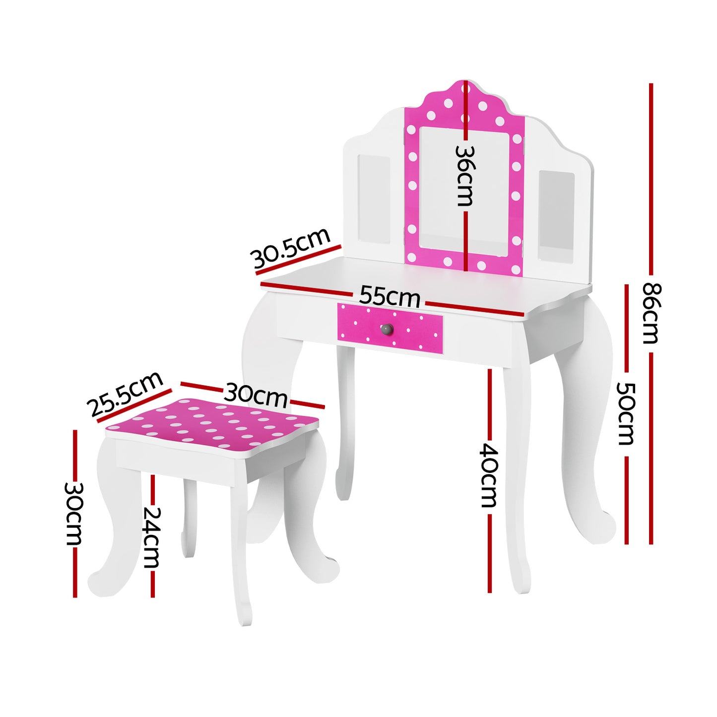 Marlook Kids Dressing Table Vanity Makeup Chair Set Wooden 3 Mirror Drawer Pink