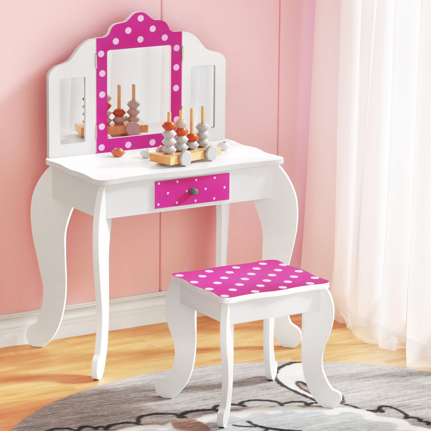 Marlook Kids Dressing Table Vanity Makeup Chair Set Wooden 3 Mirror Drawer Pink