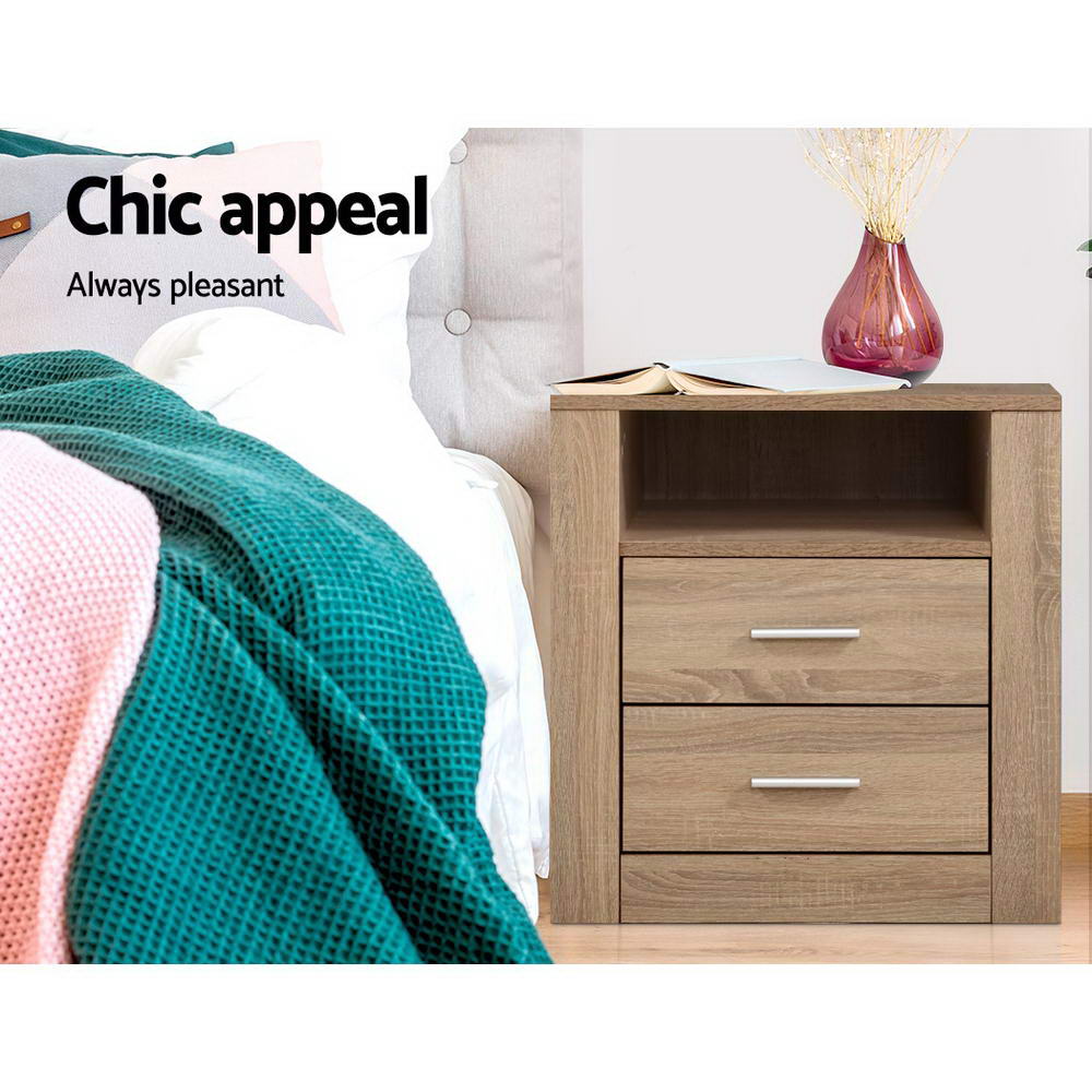 Marlook Bedside Table 2 Drawers with Shelf - TARA Oak