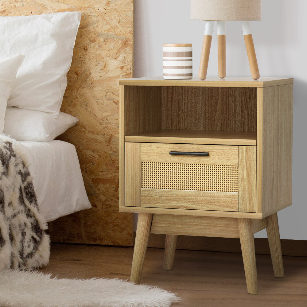 Marlook Rattan Bedside Table 1 Drawer with Shelf - REI Oak