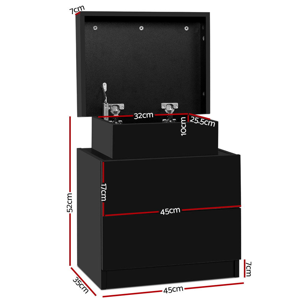 Marlook Bedside Table 2 Drawers Lift-up Storage - COLEY Black