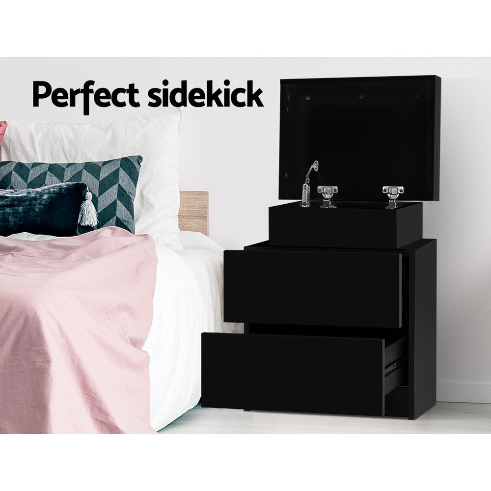 Marlook Bedside Table 2 Drawers Lift-up Storage - COLEY Black