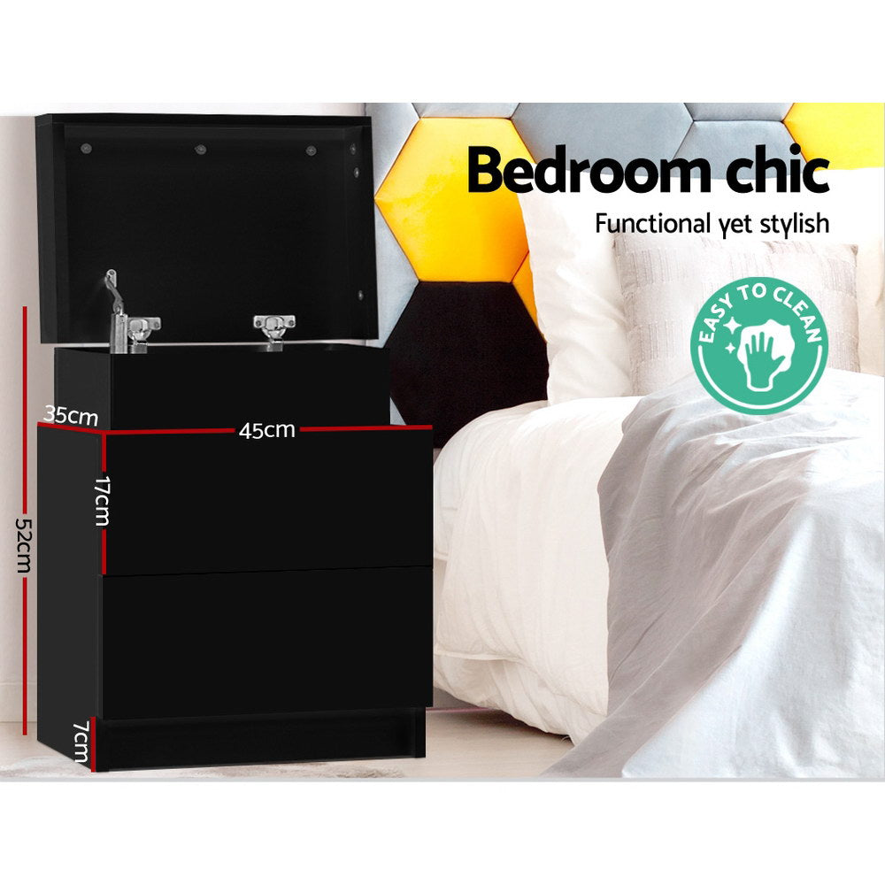 Marlook Bedside Table 2 Drawers Lift-up Storage - COLEY Black