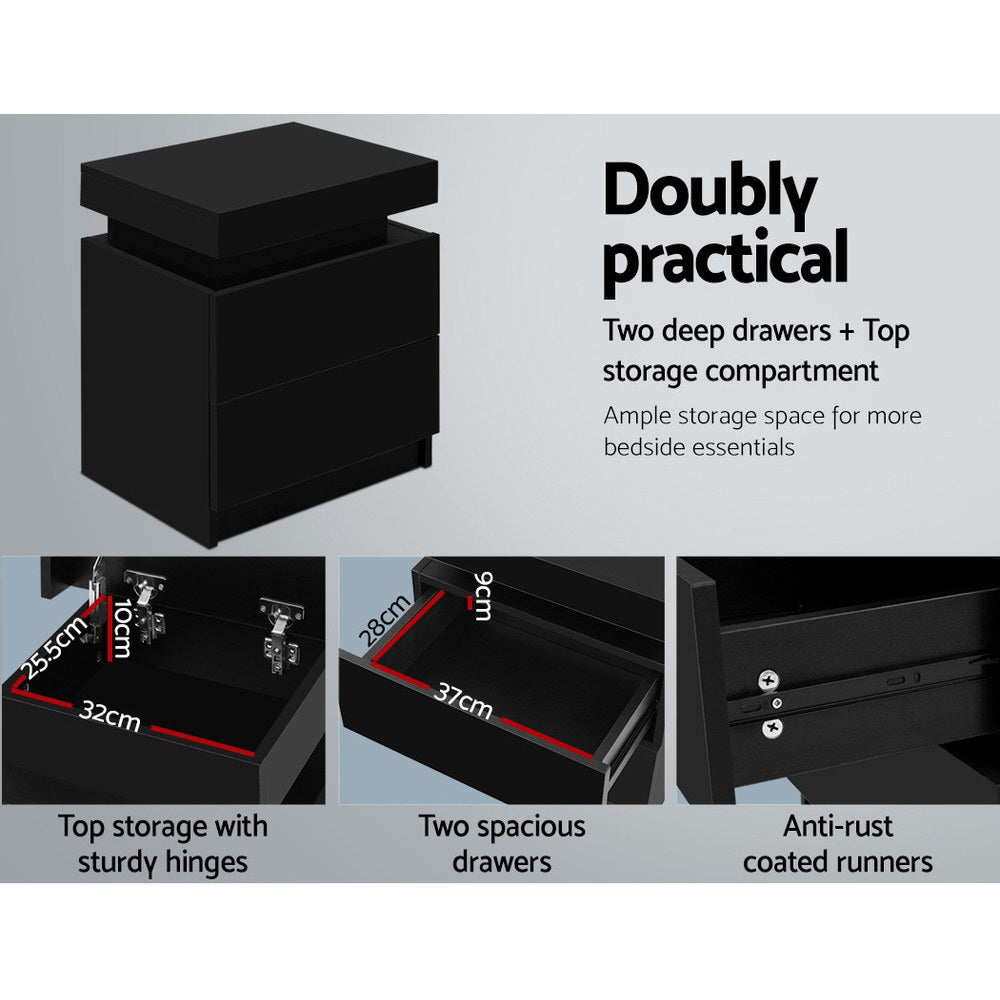 Marlook Bedside Table 2 Drawers Lift-up Storage - COLEY Black