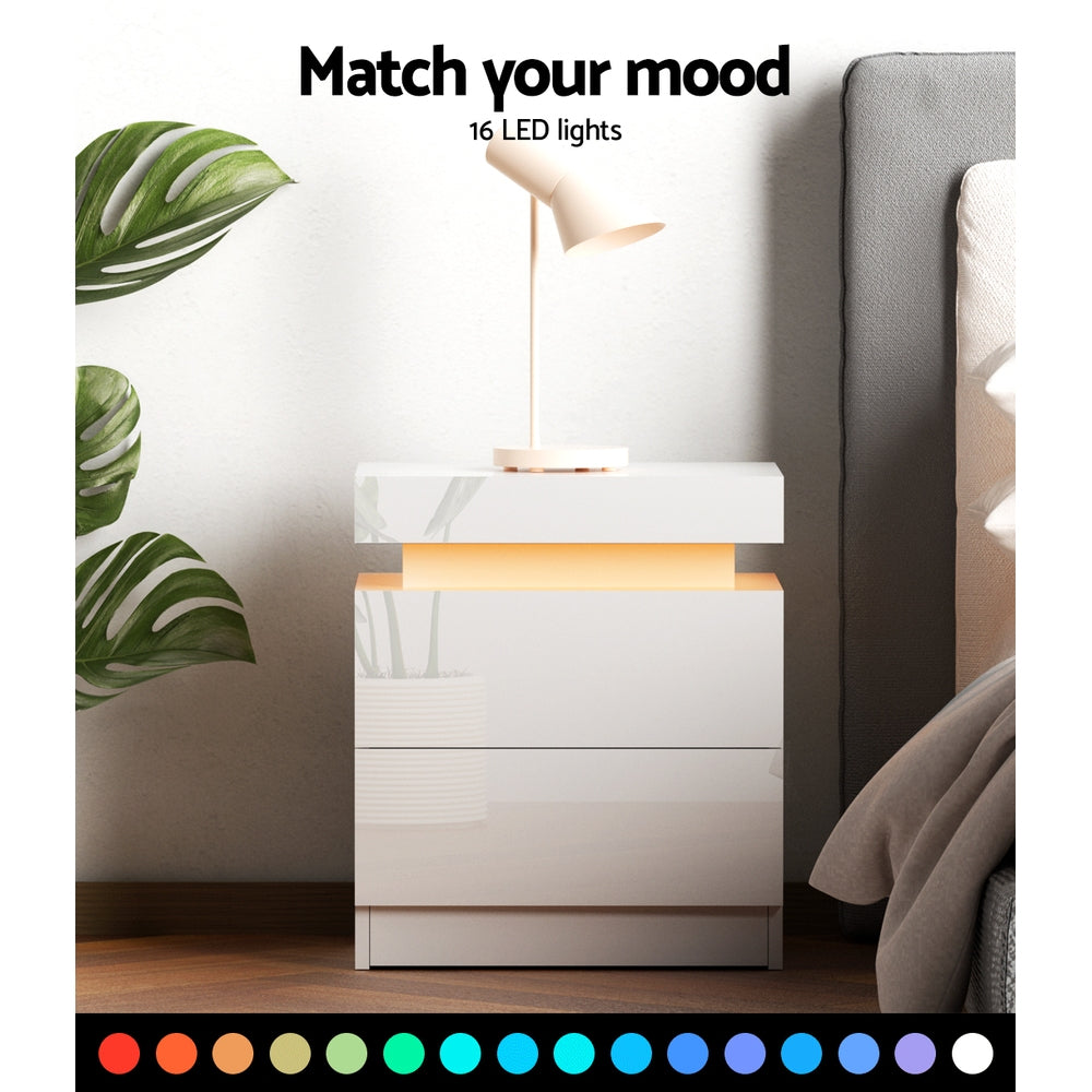 Marlook Bedside Table LED 2 Drawers Lift-up Storage - COLEY White