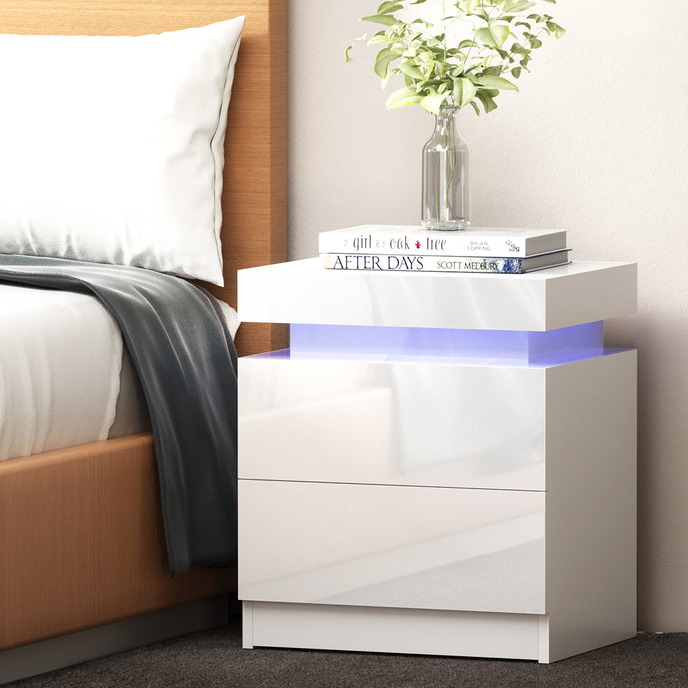 Marlook Bedside Table LED 2 Drawers Lift-up Storage - COLEY White