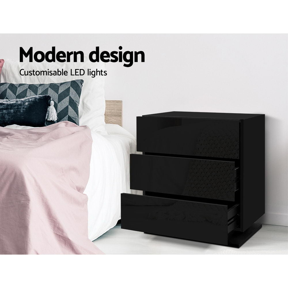 Marlook Bedside Table LED 3 Drawers - MORI Black