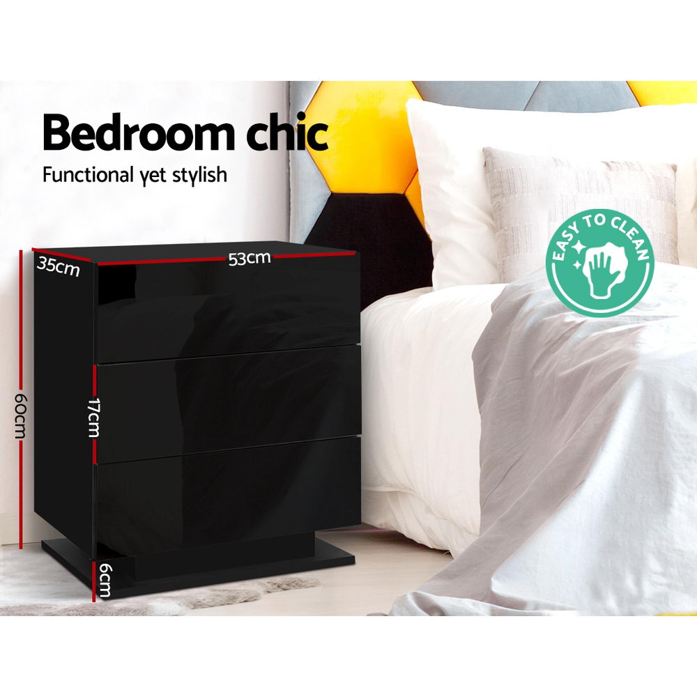 Marlook Bedside Table LED 3 Drawers - MORI Black