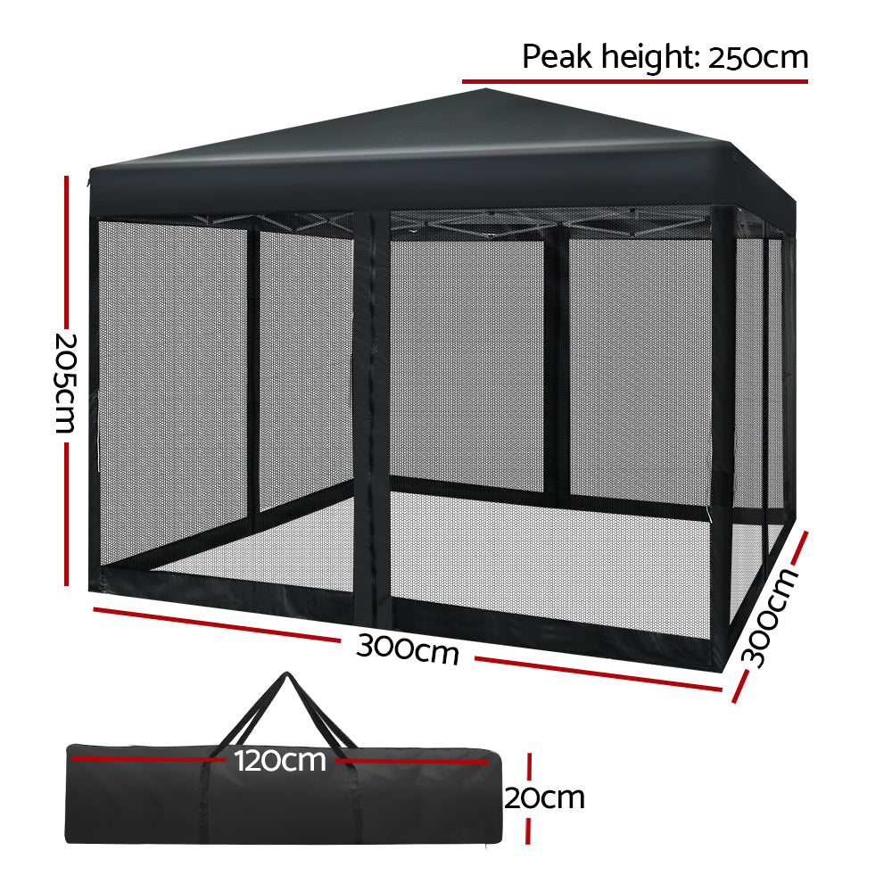 Marlook Gazebo Pop Up Marquee 3x3m Wedding Party Outdoor Camping Tent Canopy Shade Mesh Wall Black