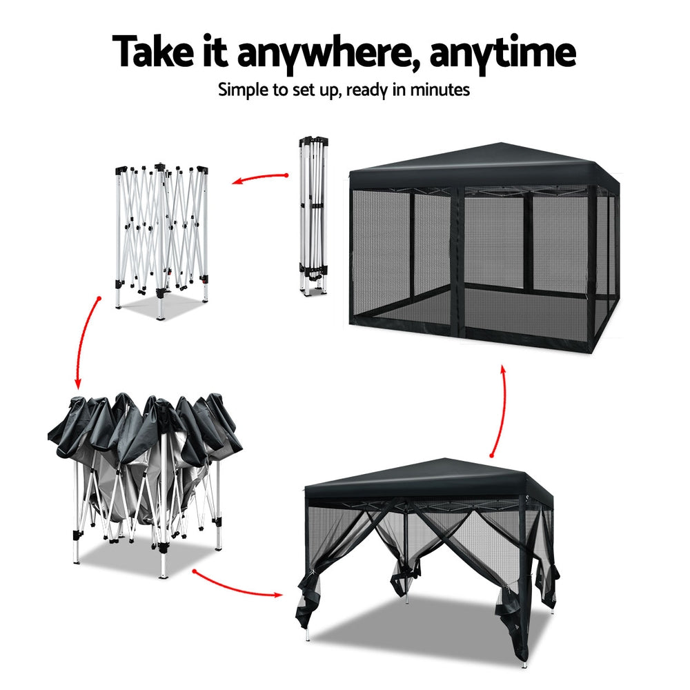 Marlook Gazebo Pop Up Marquee 3x3m Wedding Party Outdoor Camping Tent Canopy Shade Mesh Wall Black