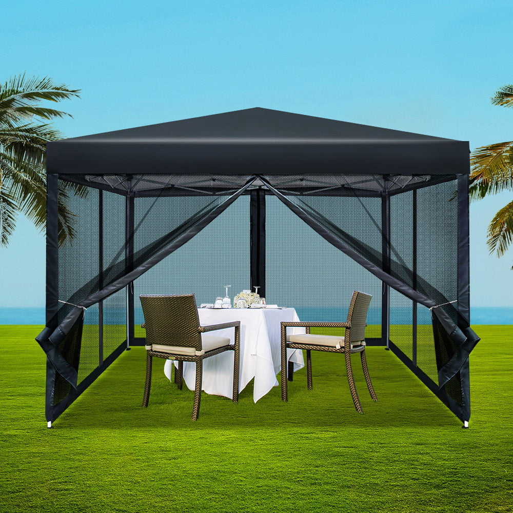 Marlook Gazebo Pop Up Marquee 3x3m Wedding Party Outdoor Camping Tent Canopy Shade Mesh Wall Black