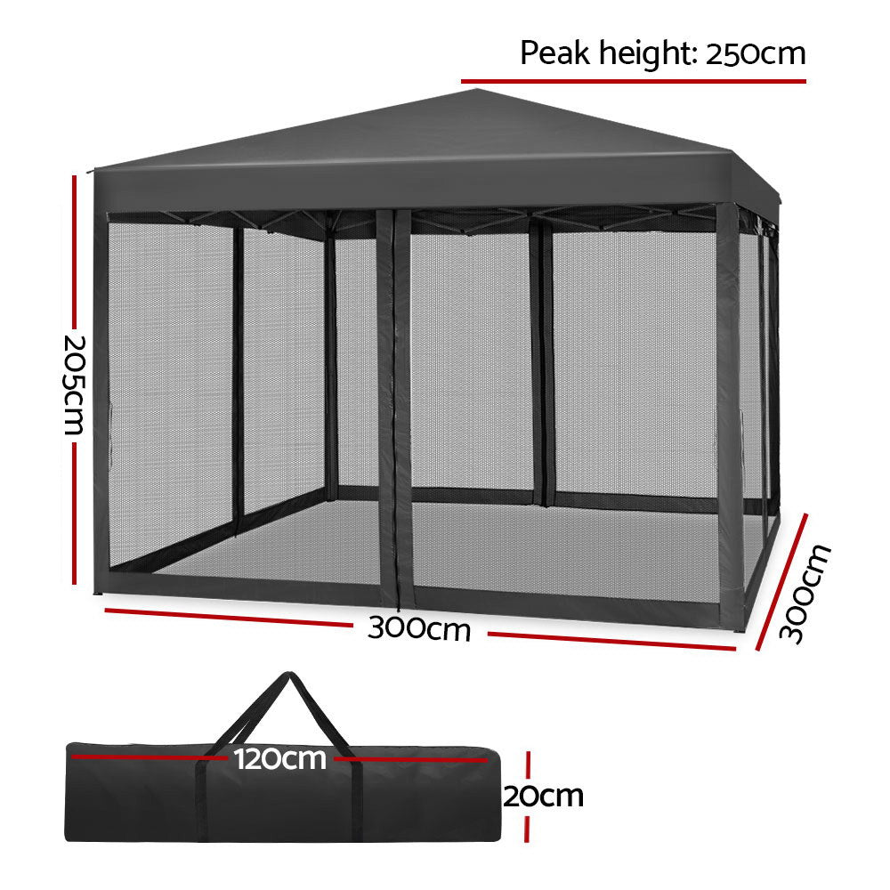 Marlook Gazebo Pop Up Marquee 3x3m Wedding Party Outdoor Camping Tent Canopy Shade Mesh Wall Grey
