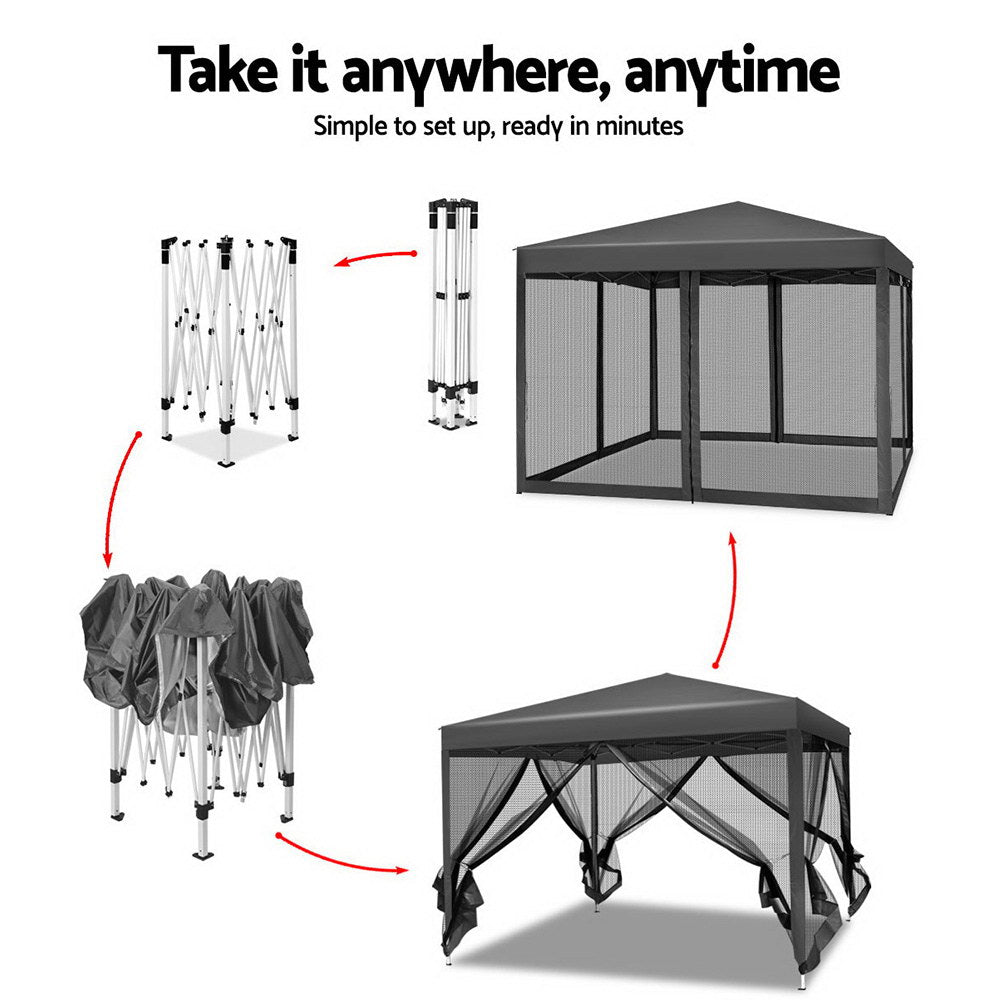 Marlook Gazebo Pop Up Marquee 3x3m Wedding Party Outdoor Camping Tent Canopy Shade Mesh Wall Grey