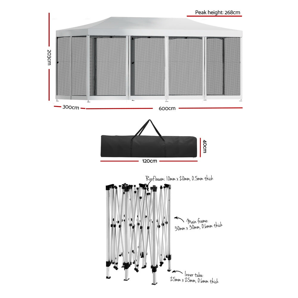 Marlook Gazebo Pop Up Marquee 3x6m Wedding Party Outdoor Camping Tent Canopy Shade Mesh Wall White