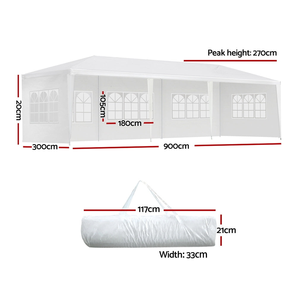 Marlook Gazebo 3x9m Marquee Wedding Party Tent Outdoor Camping Side Wall Canopy 5 Panel White
