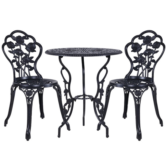 Marlook 3PC Outdoor Setting Bistro Set Chairs Table Cast Aluminum Rose Black