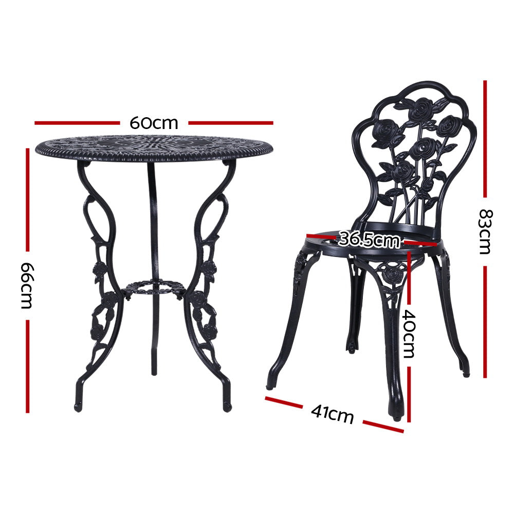Marlook 3PC Outdoor Setting Bistro Set Chairs Table Cast Aluminum Rose Black