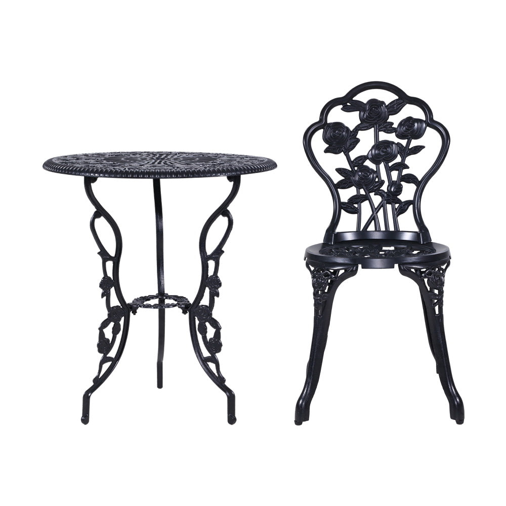 Marlook 3PC Outdoor Setting Bistro Set Chairs Table Cast Aluminum Rose Black