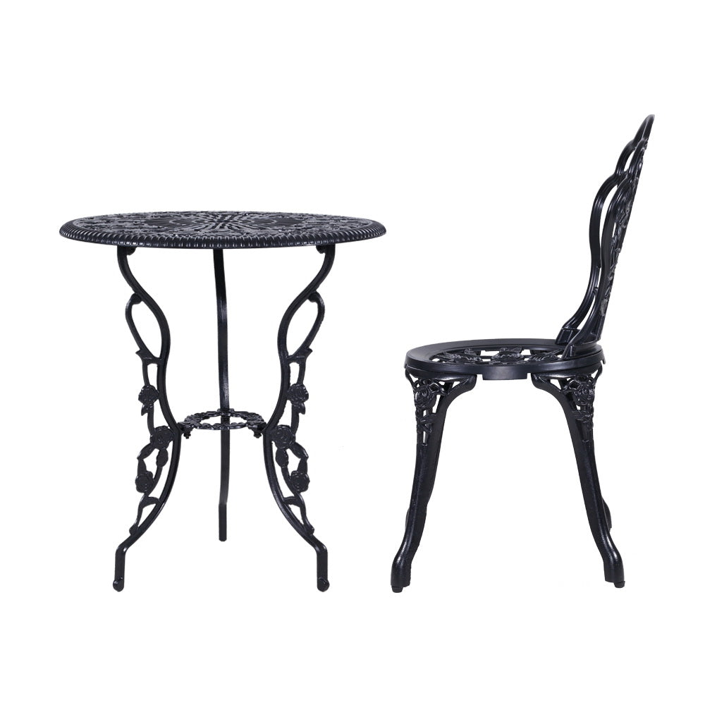Marlook 3PC Outdoor Setting Bistro Set Chairs Table Cast Aluminum Rose Black
