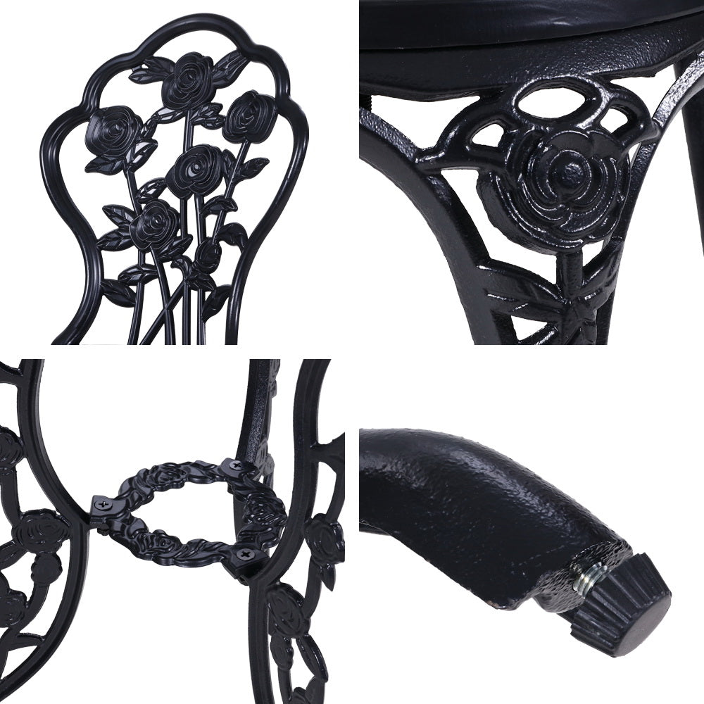 Marlook 3PC Outdoor Setting Bistro Set Chairs Table Cast Aluminum Rose Black