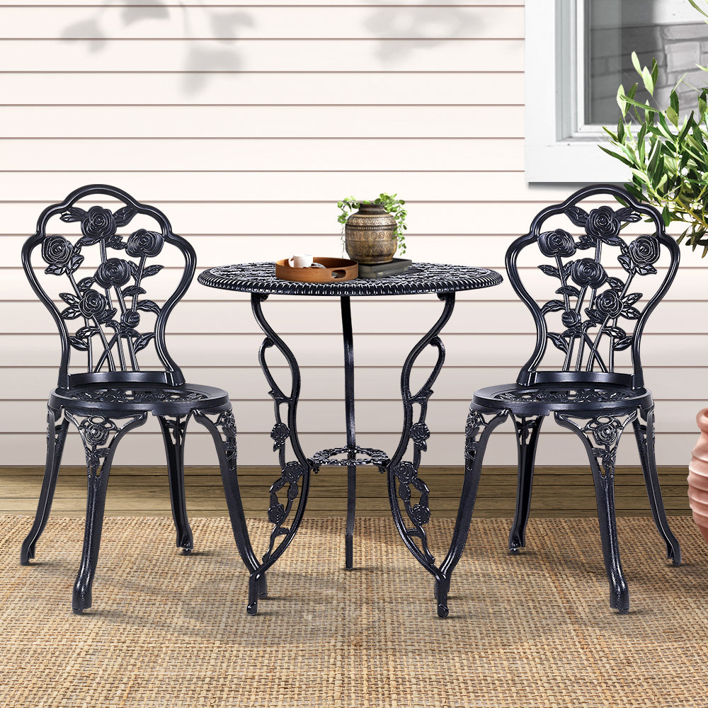 Marlook 3PC Outdoor Setting Bistro Set Chairs Table Cast Aluminum Rose Black