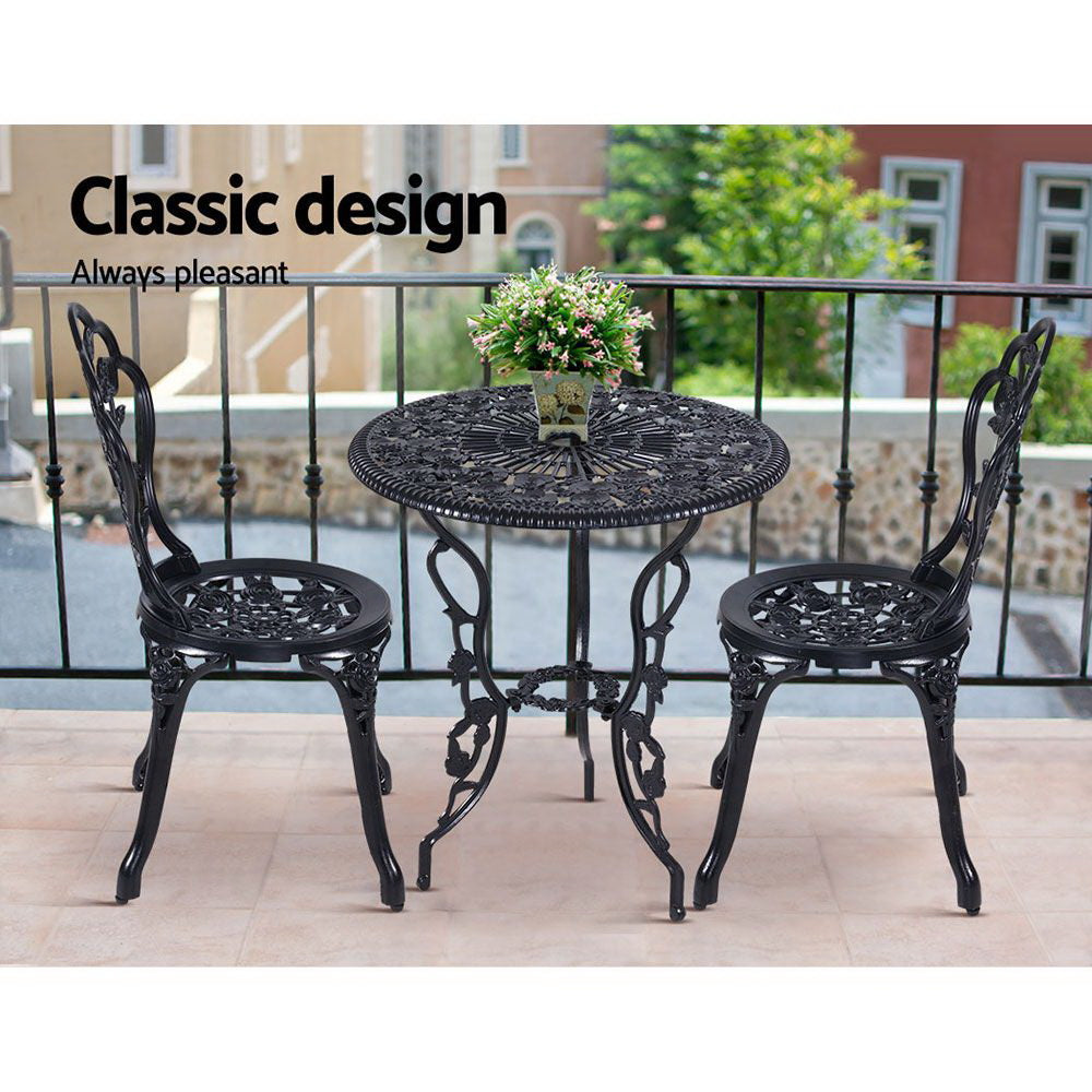 Marlook 3PC Outdoor Setting Bistro Set Chairs Table Cast Aluminum Rose Black