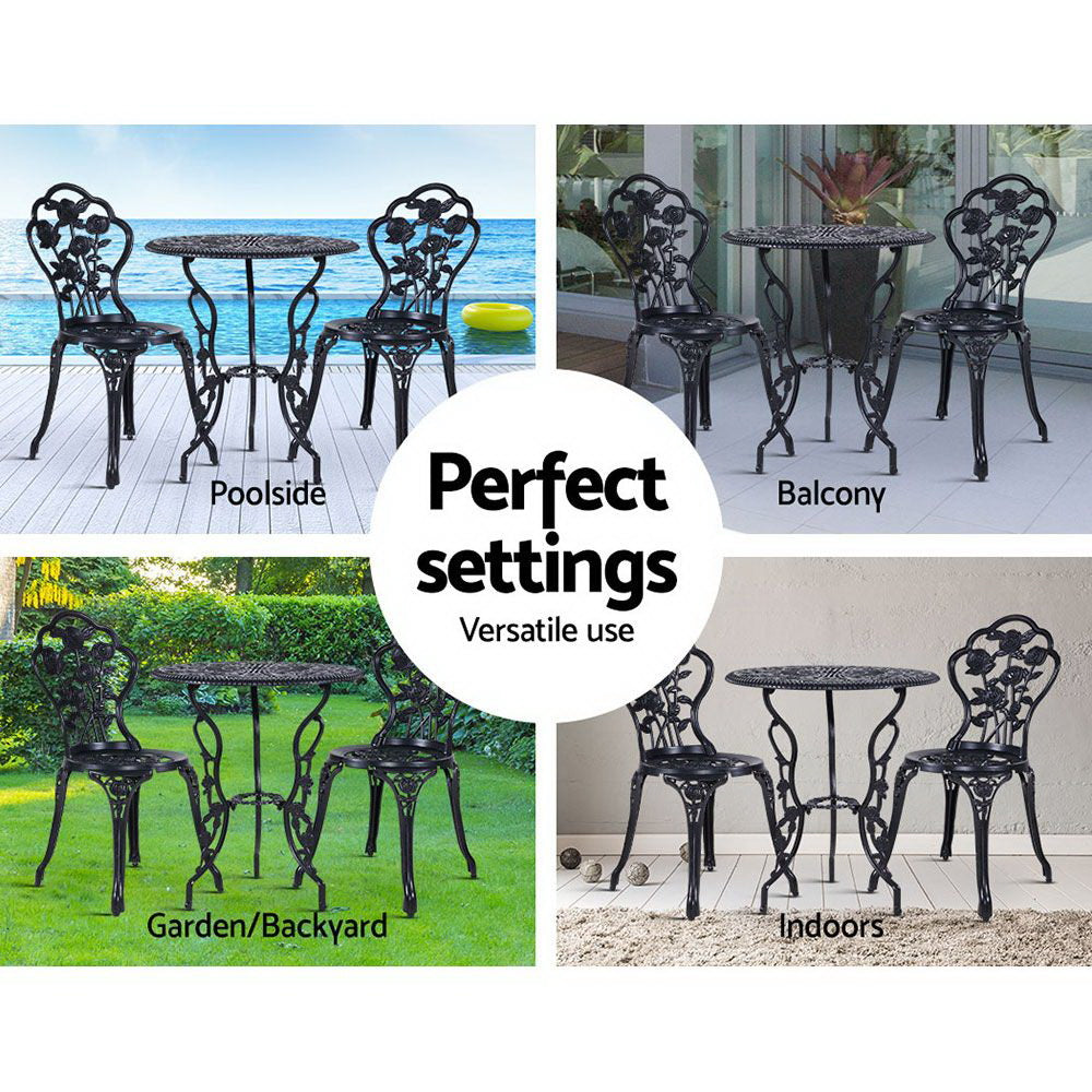 Marlook 3PC Outdoor Setting Bistro Set Chairs Table Cast Aluminum Rose Black