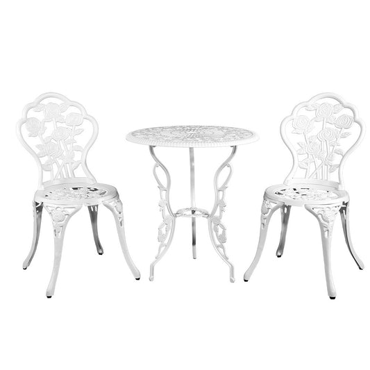 Marlook 3PC Outdoor Setting Bistro Set Chairs Table Cast Aluminum Patio Furniture Rose White