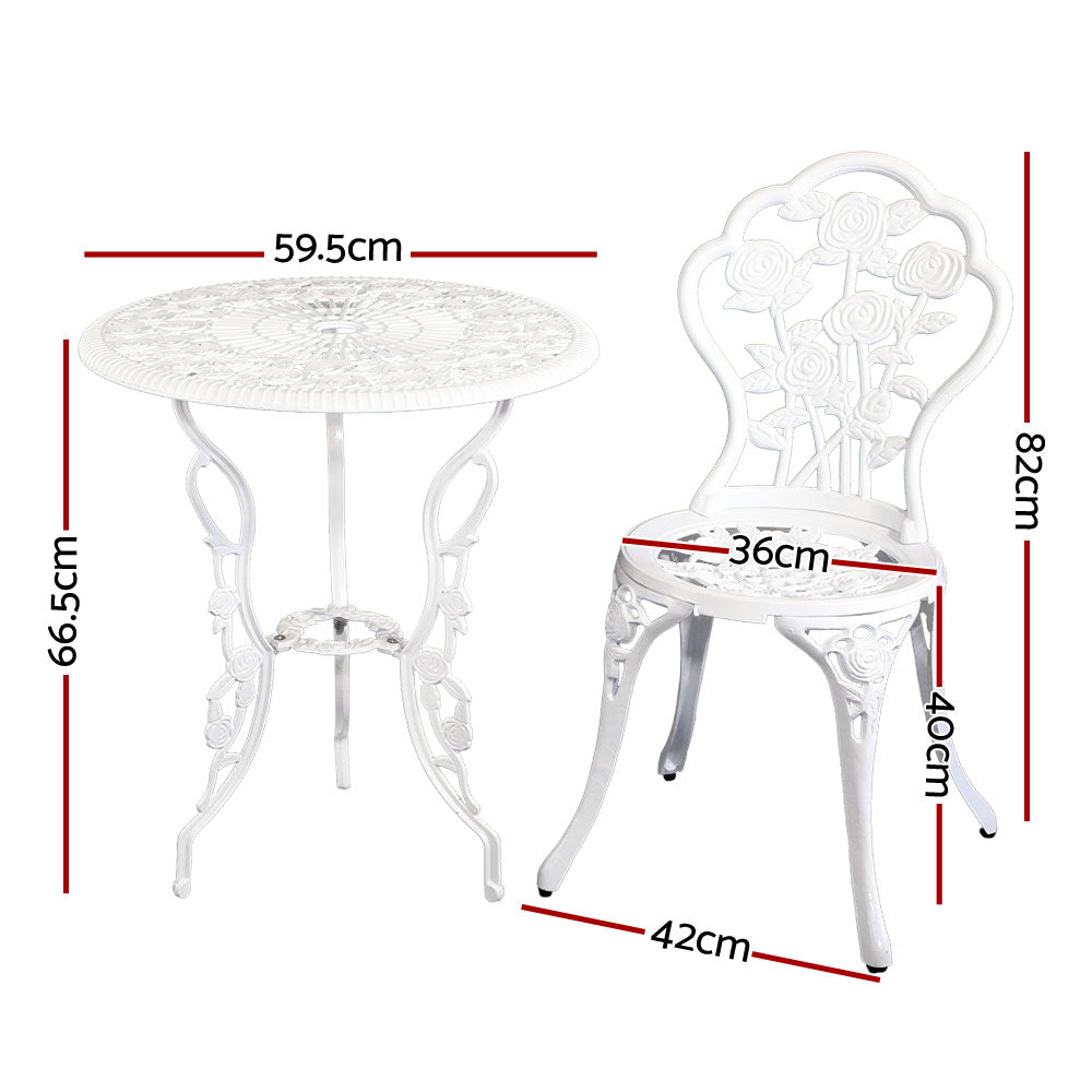 Marlook 3PC Outdoor Setting Bistro Set Chairs Table Cast Aluminum Patio Furniture Rose White
