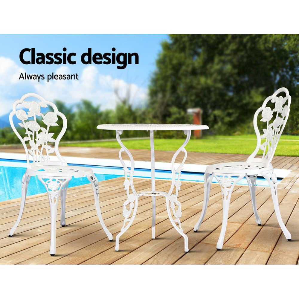 Marlook 3PC Outdoor Setting Bistro Set Chairs Table Cast Aluminum Patio Furniture Rose White