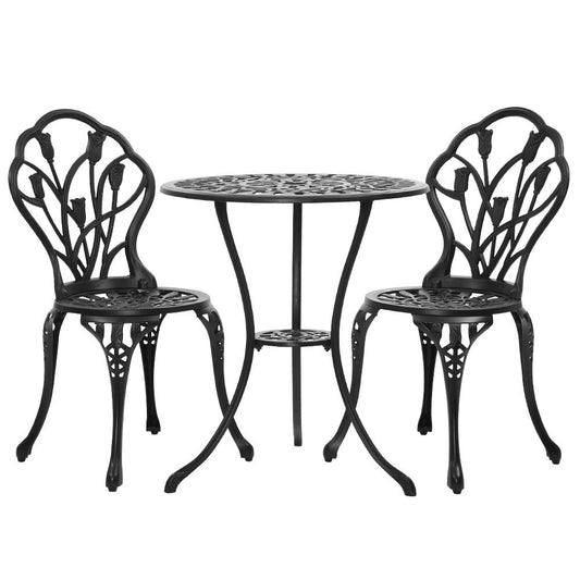 Marlook 3PC Outdoor Setting Bistro Set Chairs Table Cast Aluminum Patio Furniture Tulip Black