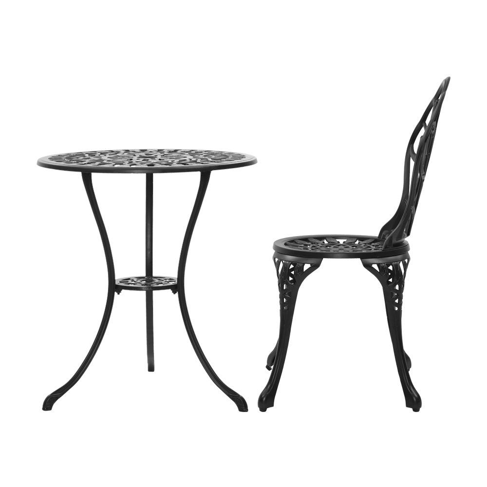 Marlook 3PC Outdoor Setting Bistro Set Chairs Table Cast Aluminum Patio Furniture Tulip Black