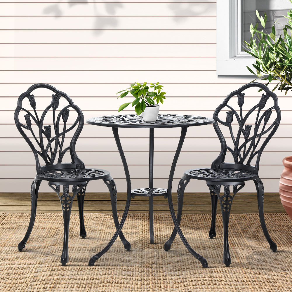 Marlook 3PC Outdoor Setting Bistro Set Chairs Table Cast Aluminum Patio Furniture Tulip Black