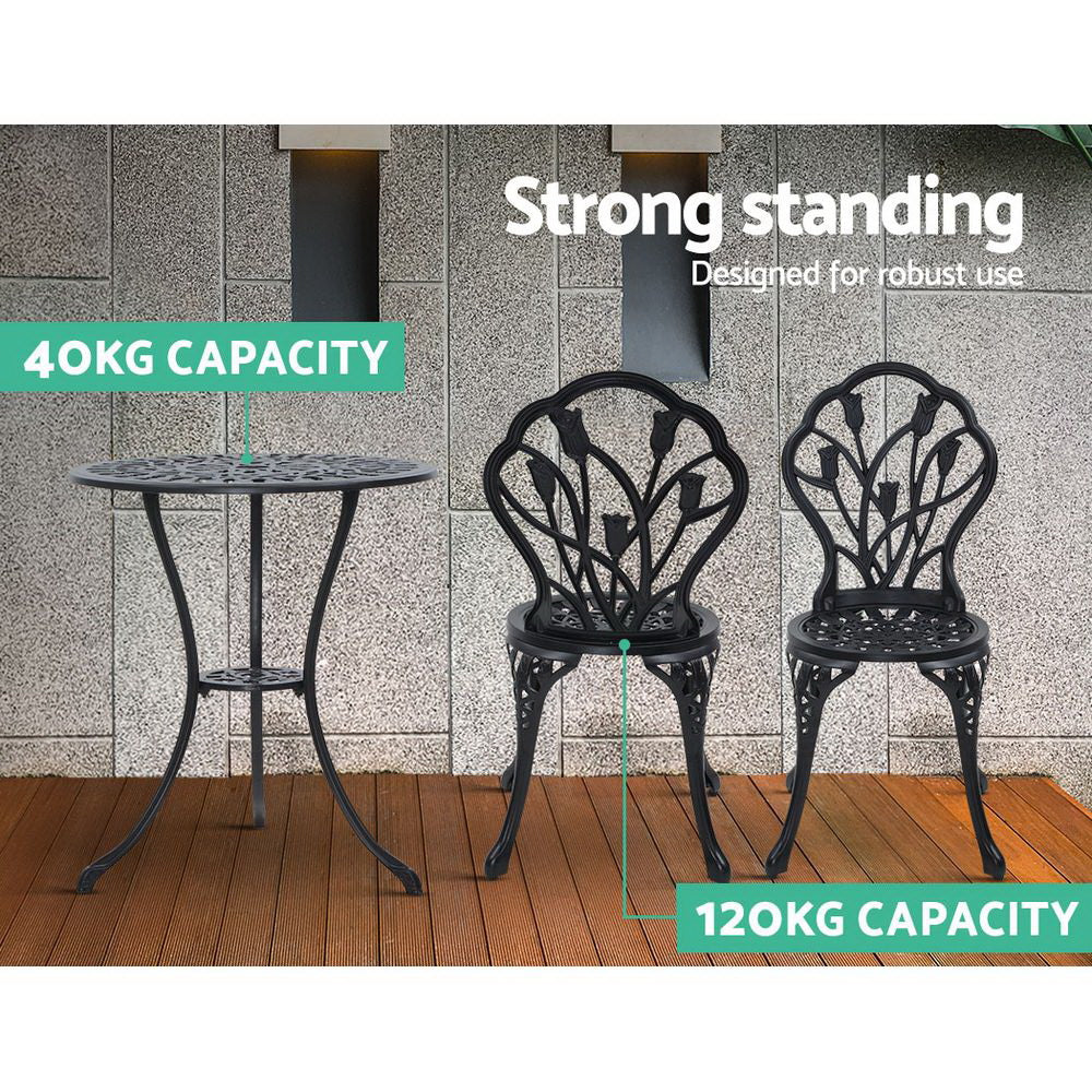 Marlook 3PC Outdoor Setting Bistro Set Chairs Table Cast Aluminum Patio Furniture Tulip Black