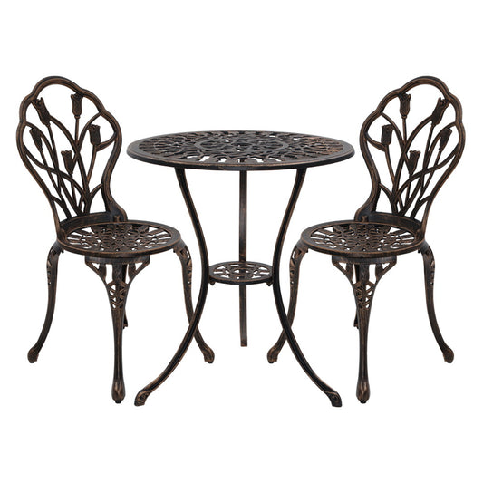 Marlook 3PC Outdoor Setting Bistro Set Chairs Table Cast Aluminum Patio Furniture Tulip Bronze