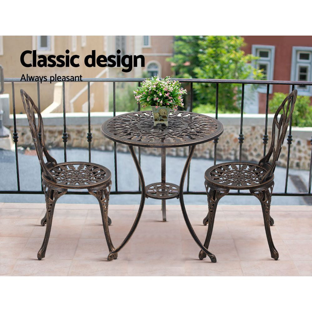 Marlook 3PC Outdoor Setting Bistro Set Chairs Table Cast Aluminum Patio Furniture Tulip Bronze